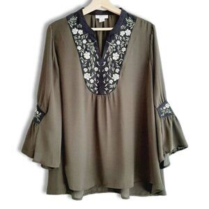 STYLE & CO Boho Peasant Blouse Floral Embroidered Flowy Bell Sleeve Sz L